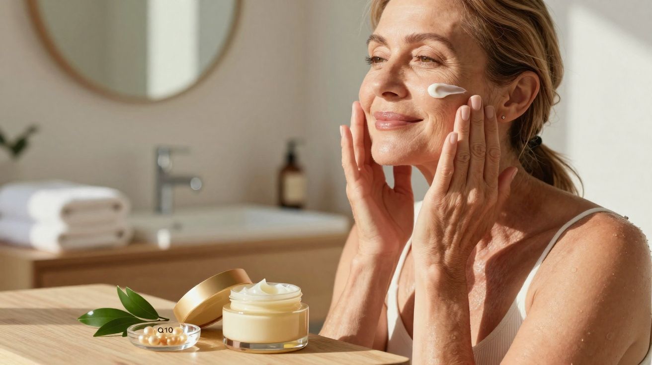 Mulher madura aplicando creme facial em ambiente iluminado com pote de creme e cápsulas sobre a mesa.