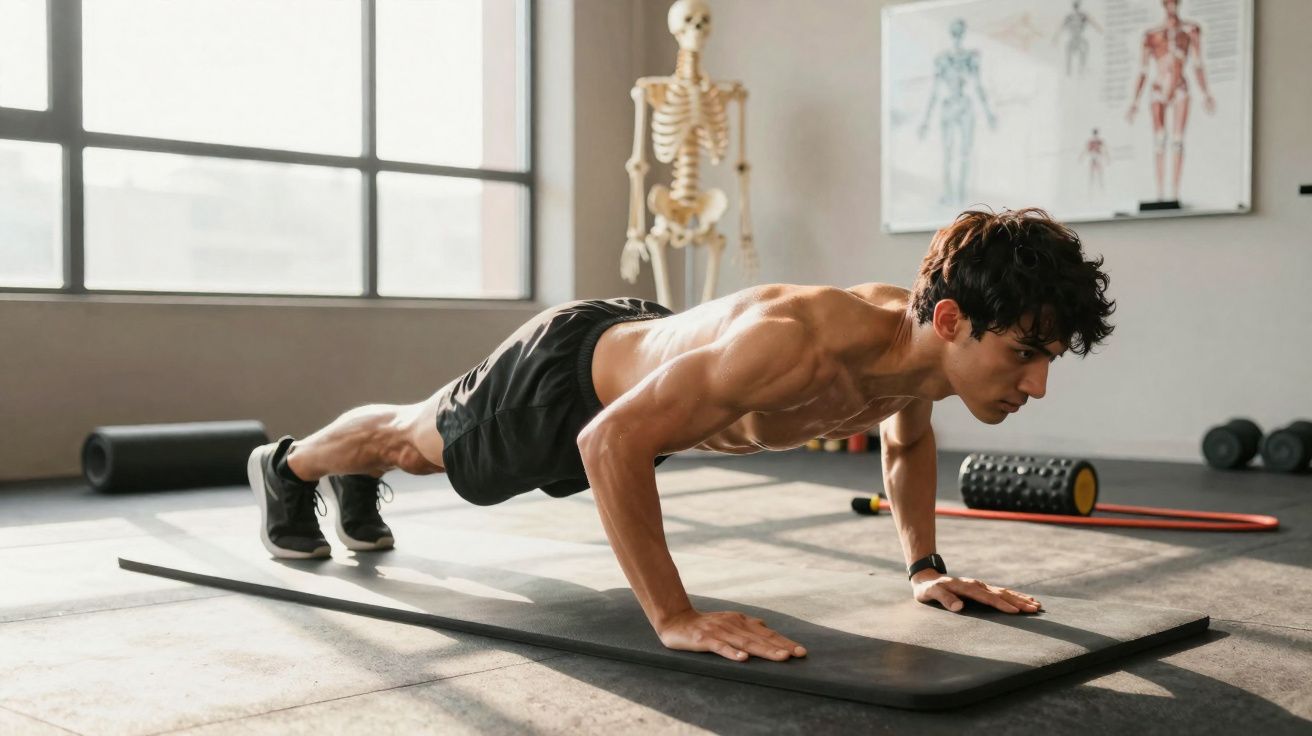 Homem fazendo flexão em tapete de exercícios dentro de sala com esqueleto e pôsteres anatômicos ao fundo.