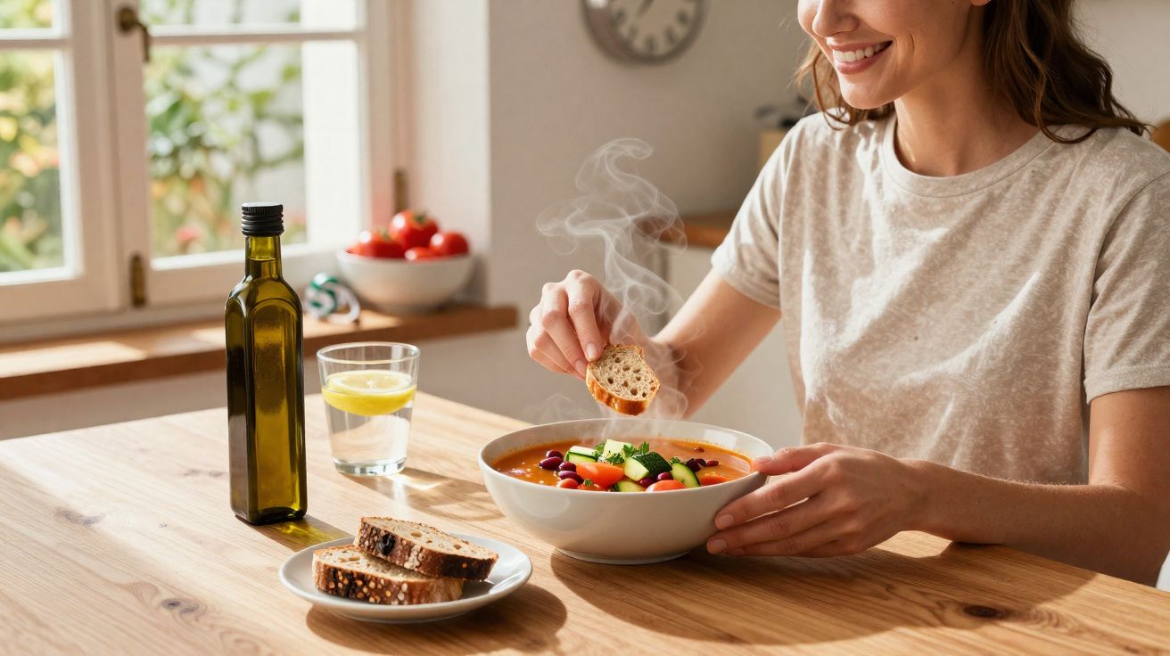 Mulher segurando torrada sobre tigela de sopa quente com legumes na mesa de madeira.