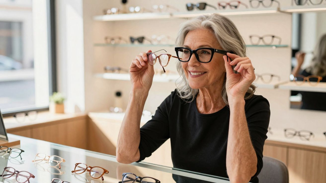 Mulher madura experimenta óculos em ótica, sorrindo e segurando dois modelos diferentes.