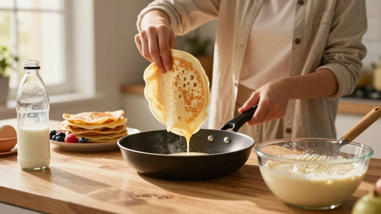 Pessoa preparando panqueca em frigideira na cozinha com ingredientes ao redor, incluindo leite e ovos.