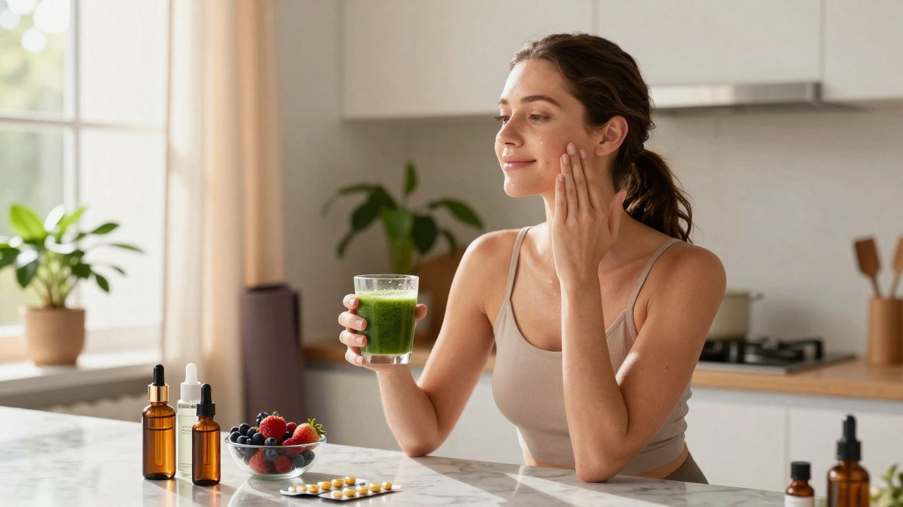 Mulher segura copo de suco verde e aplica creme no rosto em cozinha moderna e iluminada.