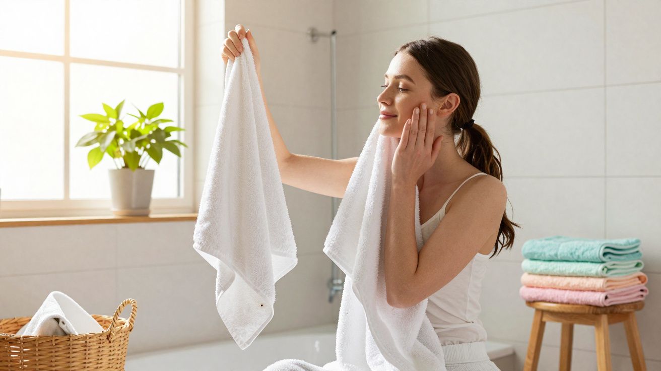 Mulher secando o rosto com toalha branca em banheiro iluminado e organizado.