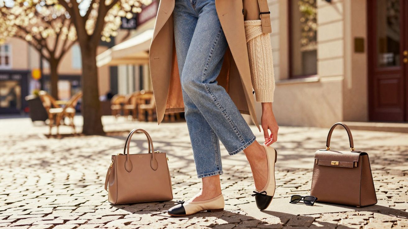 Pessoa usando sapatilhas bege e pretas, calça jeans e casaco bege em calçada de pedra, com duas bolsas marrons.