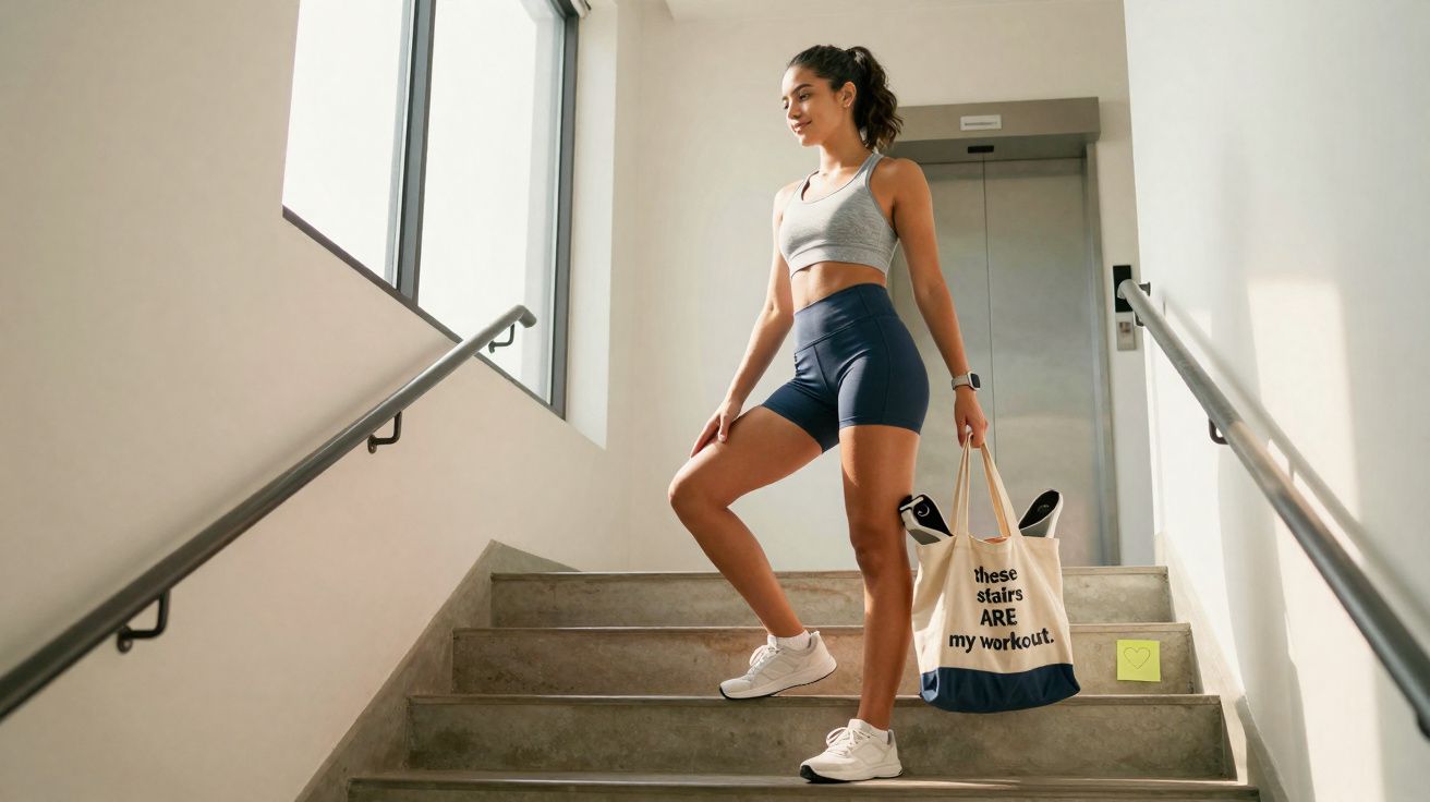 Mulher em roupa esportiva segura sacola com texto ao lado de escada em ambiente iluminado por janela ampla.