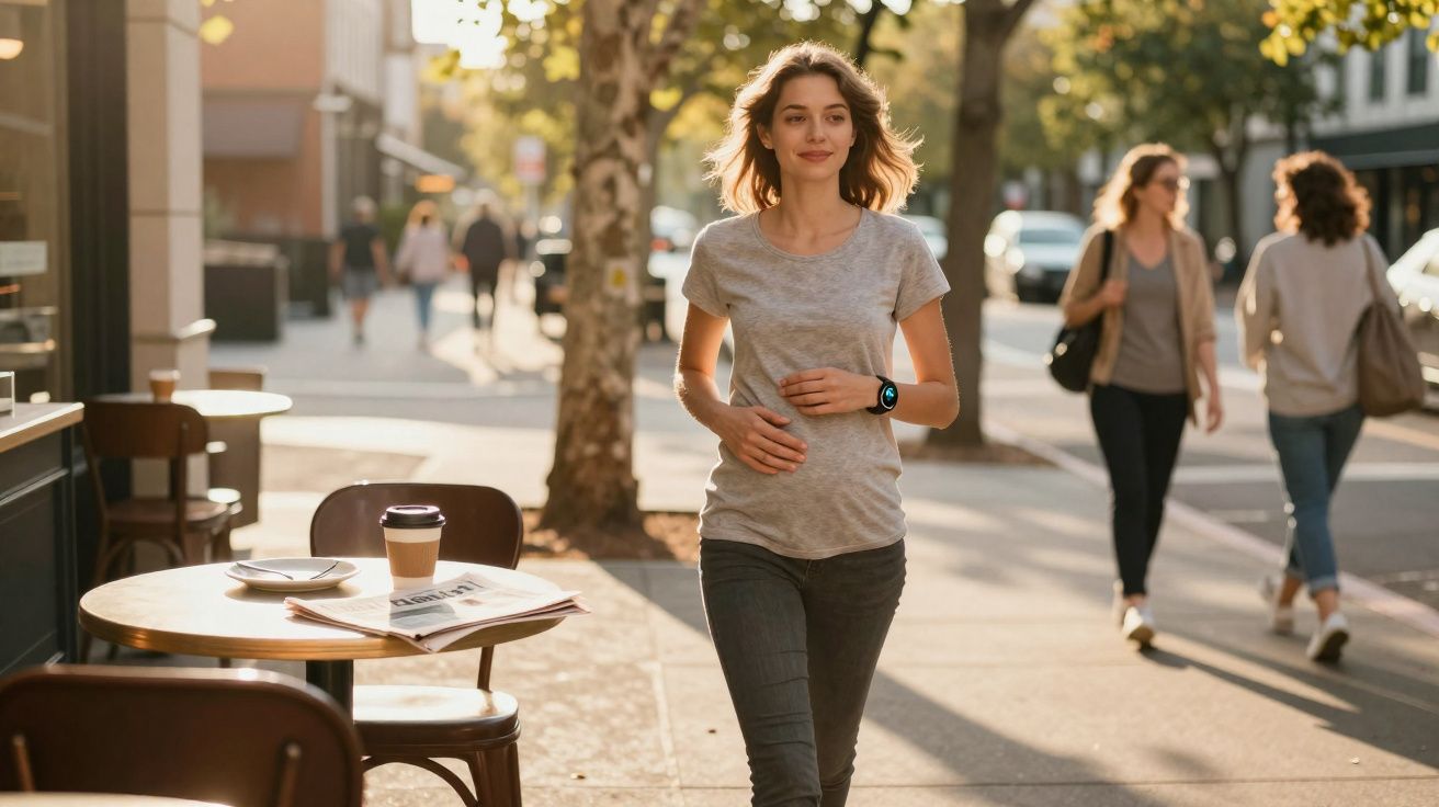 Mulher caminhando em calçada de rua urbana com mesas de café e árvores ao fundo.