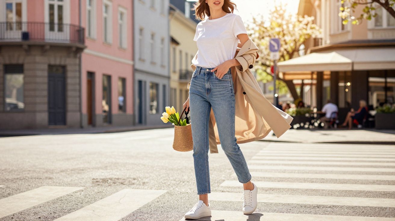 Mulher caminhando na faixa de pedestres com jeans, camiseta branca, tênis e bolsa com flores amarelas.