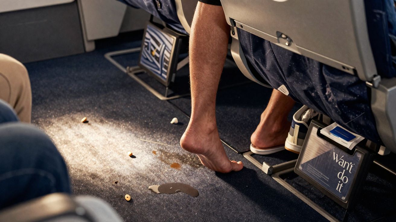 Pés descalços de passageiro e sujeira no chão de avião entre as poltronas.