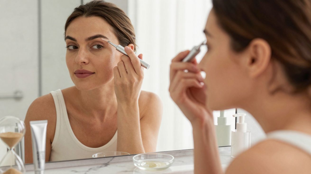 Mulher usando aparelho para cuidados faciais perto do espelho em banheiro iluminado.