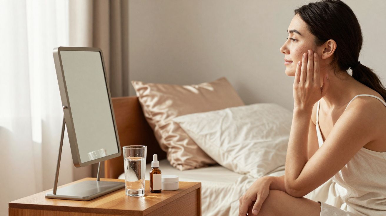 Mulher sentada olhando para espelho, com produtos de skincare sobre mesa ao lado da cama.