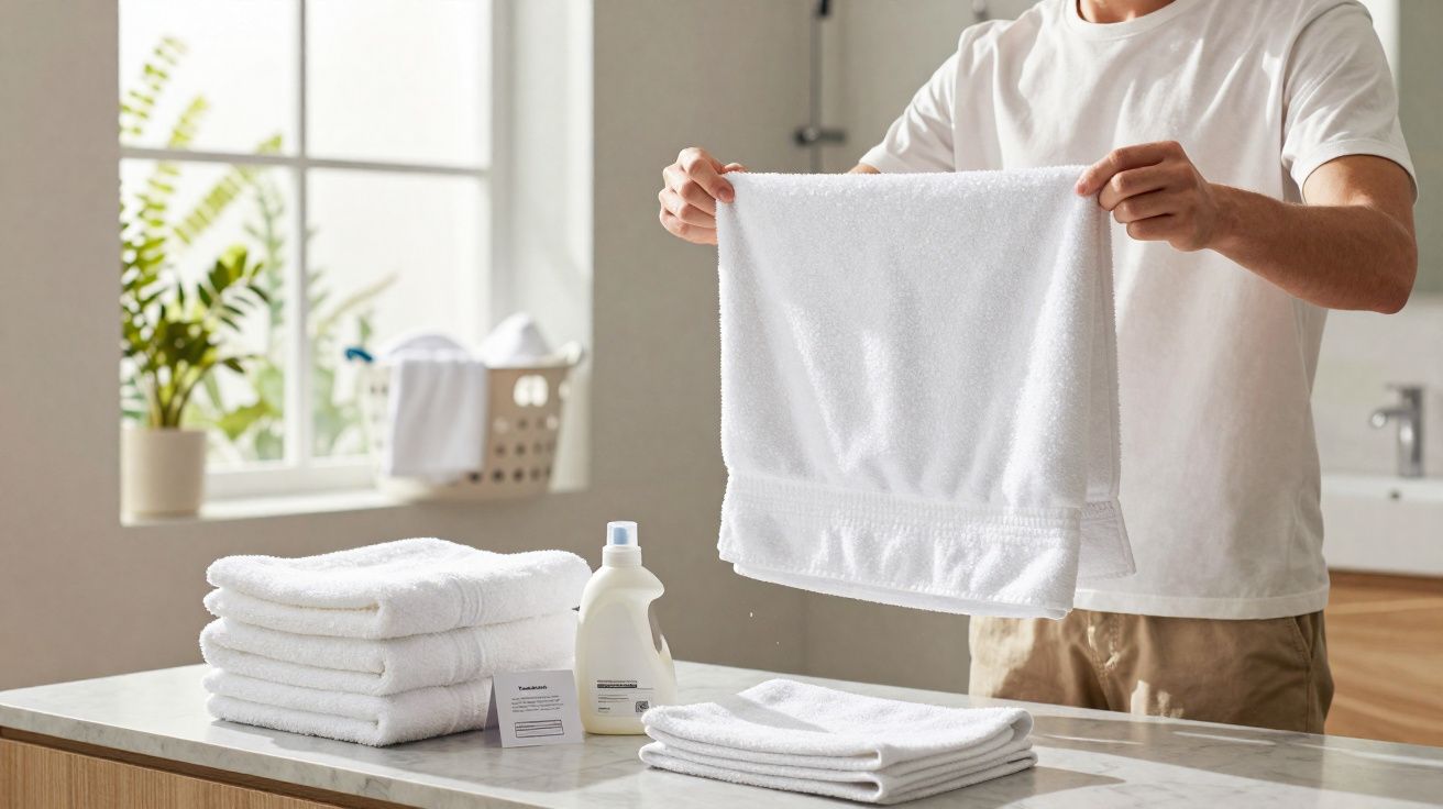 Pessoa dobrando toalhas brancas em uma bancada com detergente e cesto de roupas ao fundo.