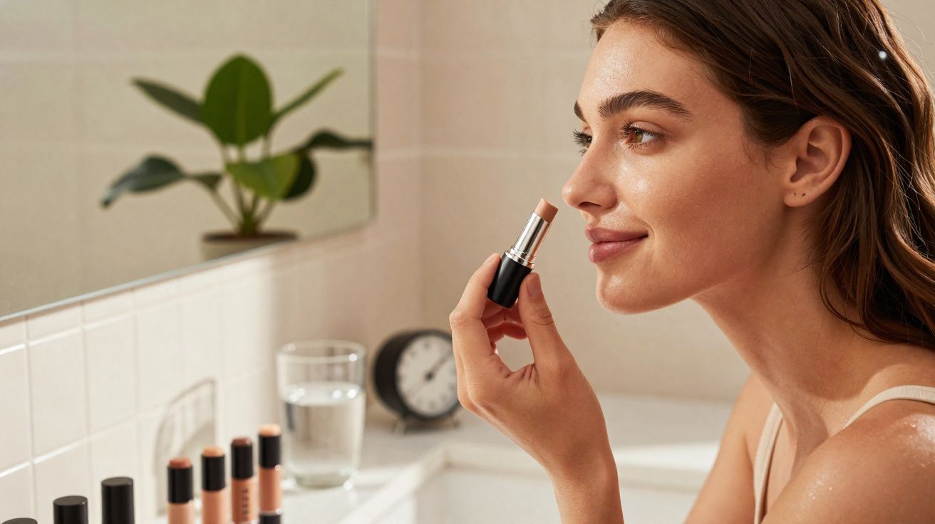 Mulher aplicando bastão de corretivo no rosto em banheiro com produtos de maquiagem ao fundo.