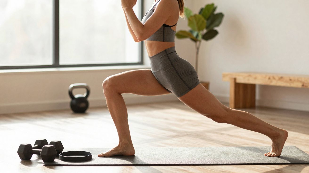 Mulher fazendo exercício de alongamento em tapete de yoga, com halteres e kettlebell ao fundo.