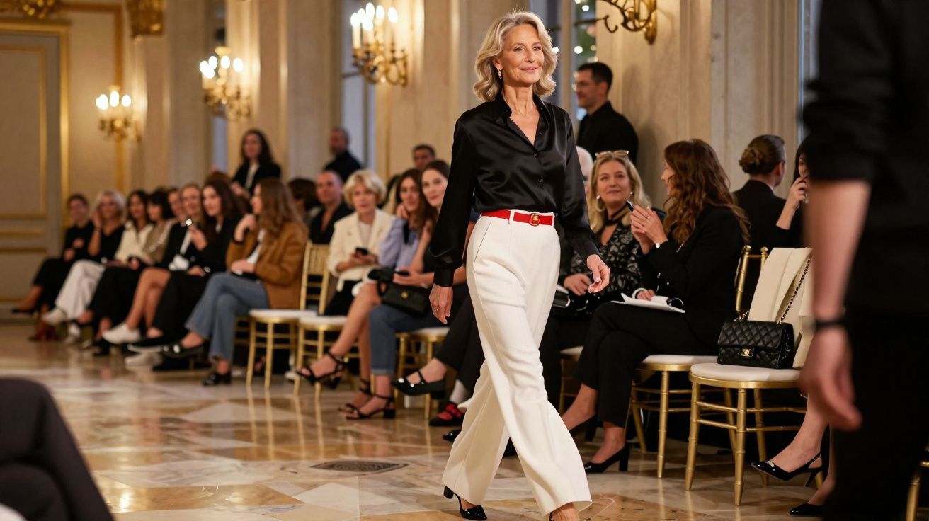 Mulher caminhando na passarela de desfile de moda com público sentado ao fundo em ambiente elegante.