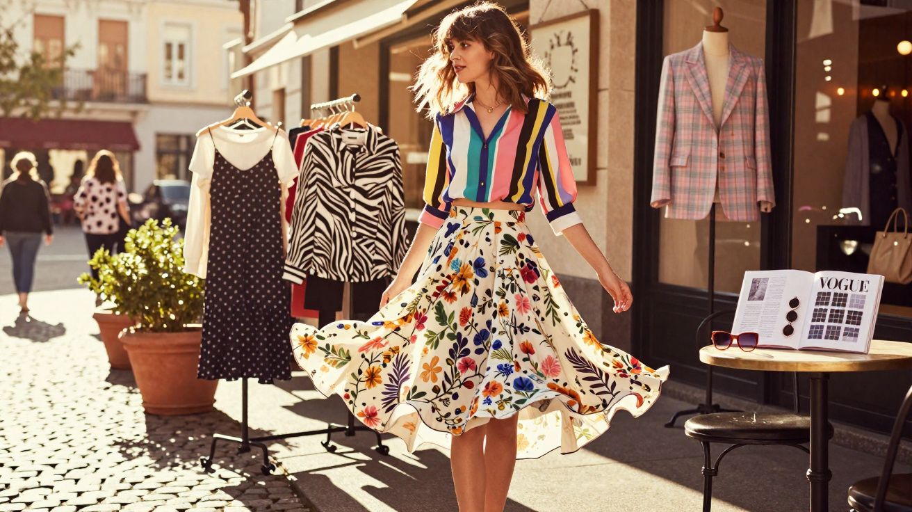 Mulher com saia floral e blusa colorida em calçadão com manequins e roupas expostas ao sol.