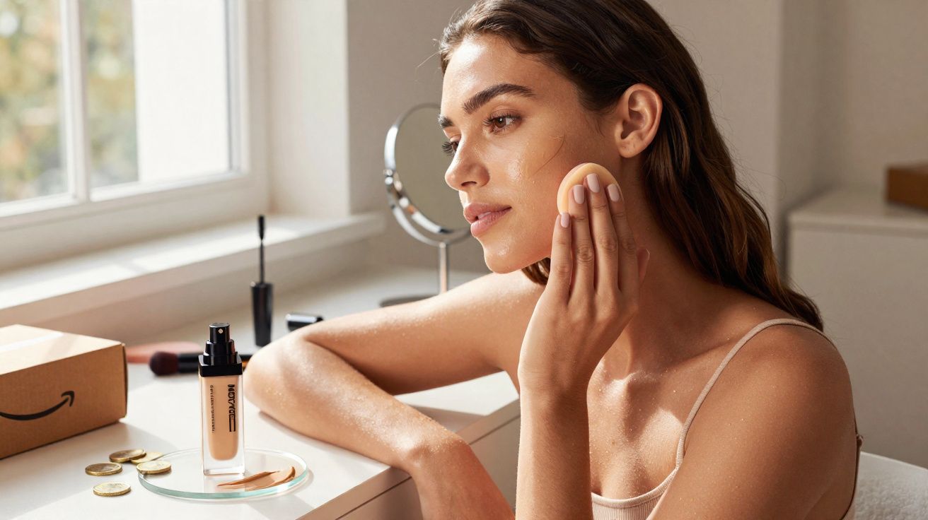 Mulher aplicando base de maquiagem com esponja ao lado de produtos cosméticos em bancada iluminada.