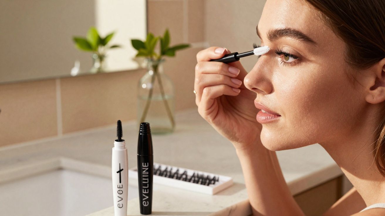Mulher aplicando máscara de cílios branca em frente ao espelho com produtos de maquiagem na bancada.