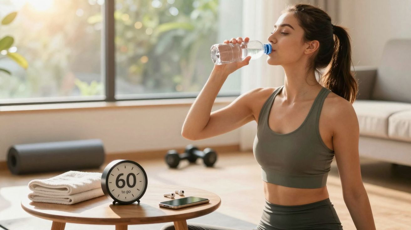 Mulher em roupa fitness hidratando-se com água durante treino em sala iluminada com equipamento ao fundo.