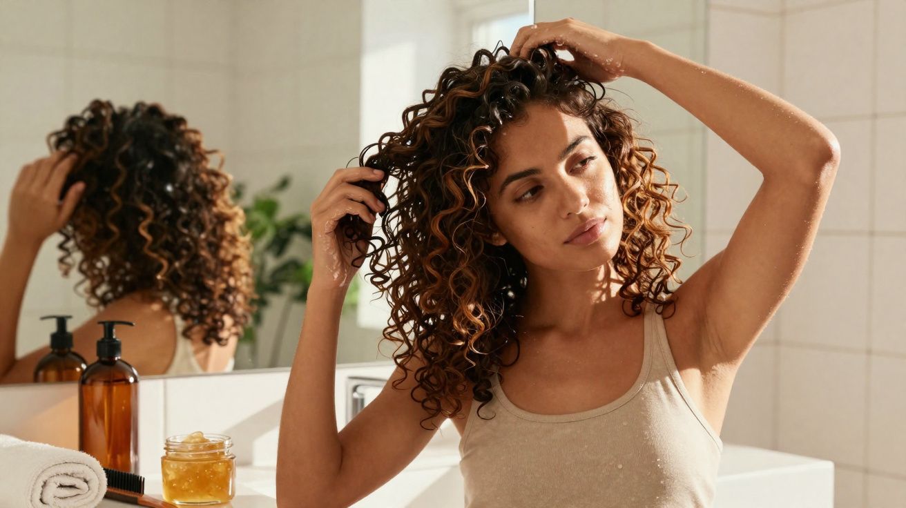 Mulher com cabelo cacheado cuida dos fios em frente ao espelho no banheiro iluminado pela luz natural.