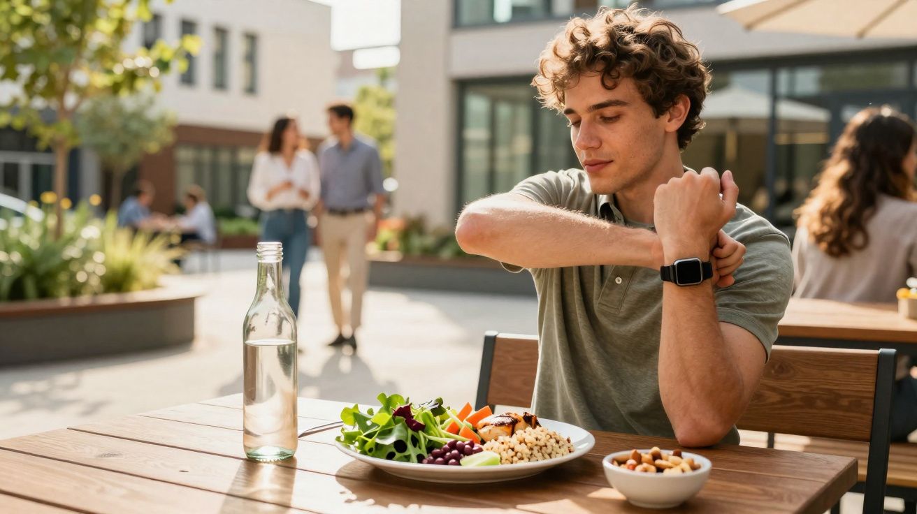 Jovem fazendo alongamento no braço sentado à mesa com prato de comida saudável ao ar livre.