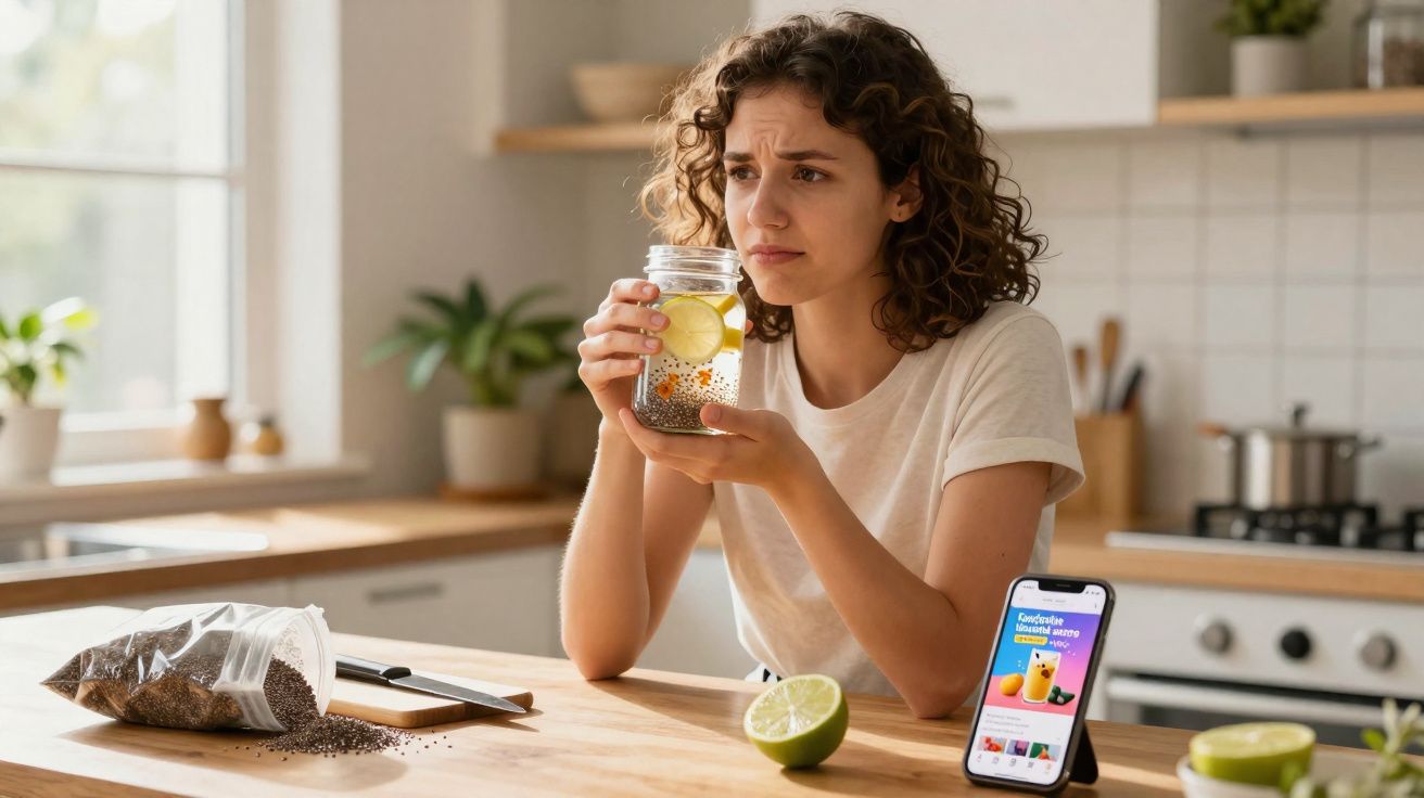 Mulher olhando desconfiada para copo com bebida e ingredientes naturais na cozinha, com celular ao lado.