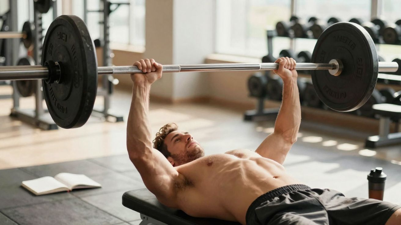 Homem treinando supino com barra e anilhas em academia bem iluminada.