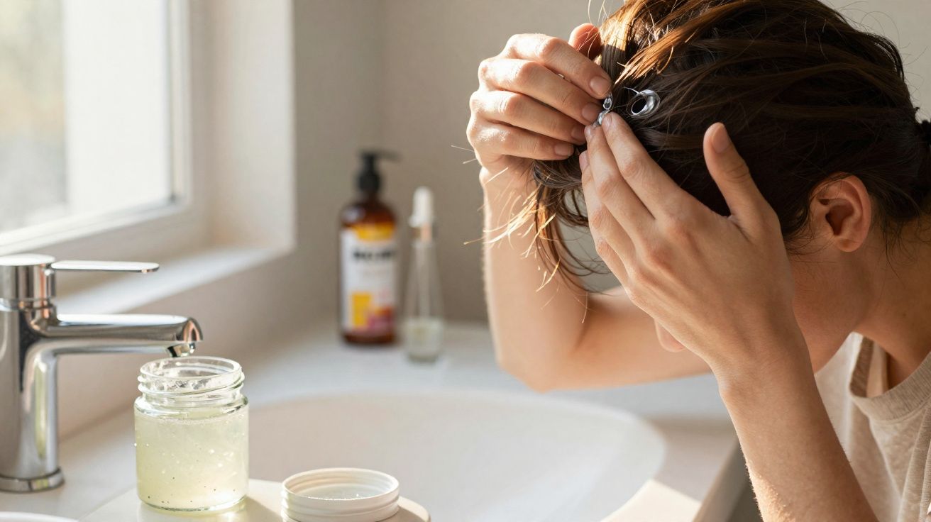 Pessoa arrumando cabelo preso com presilha no banheiro próximo a pia com produtos de cuidados.