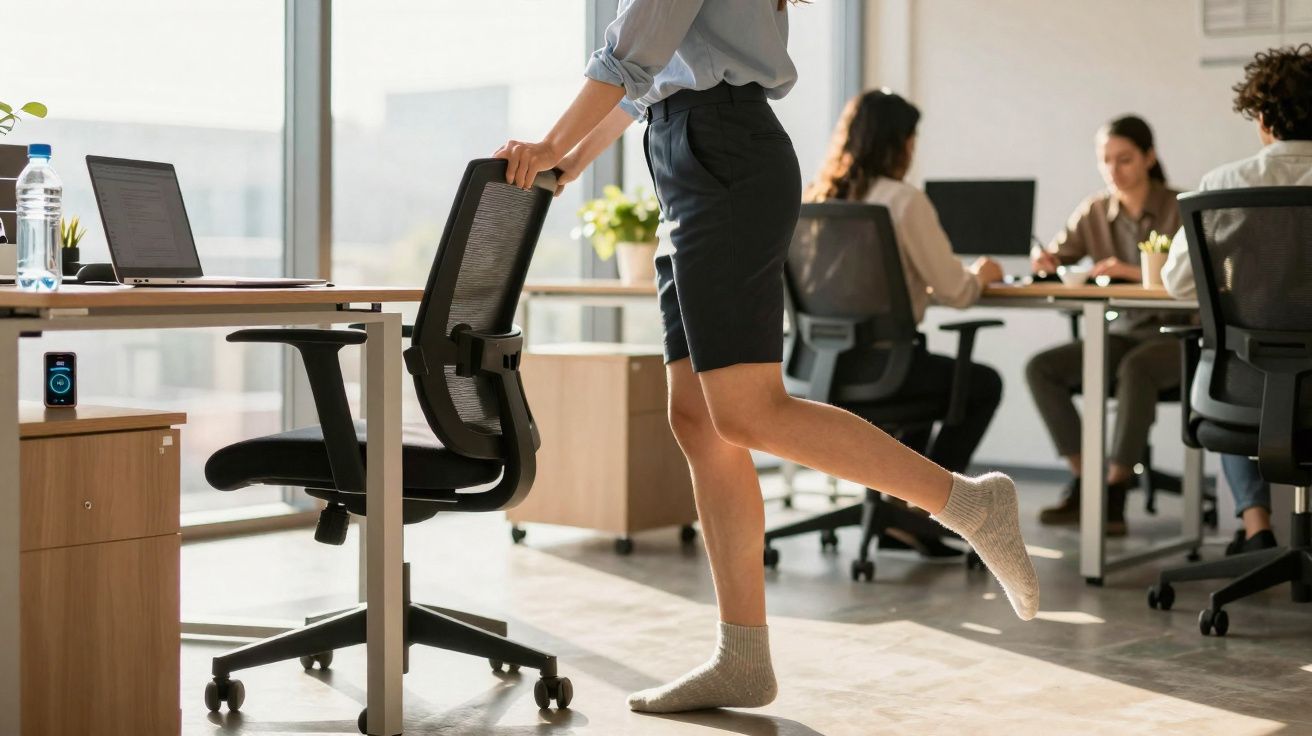 Pessoa descalça se alongando ao lado de mesa de escritório com outras pessoas trabalhando ao fundo.