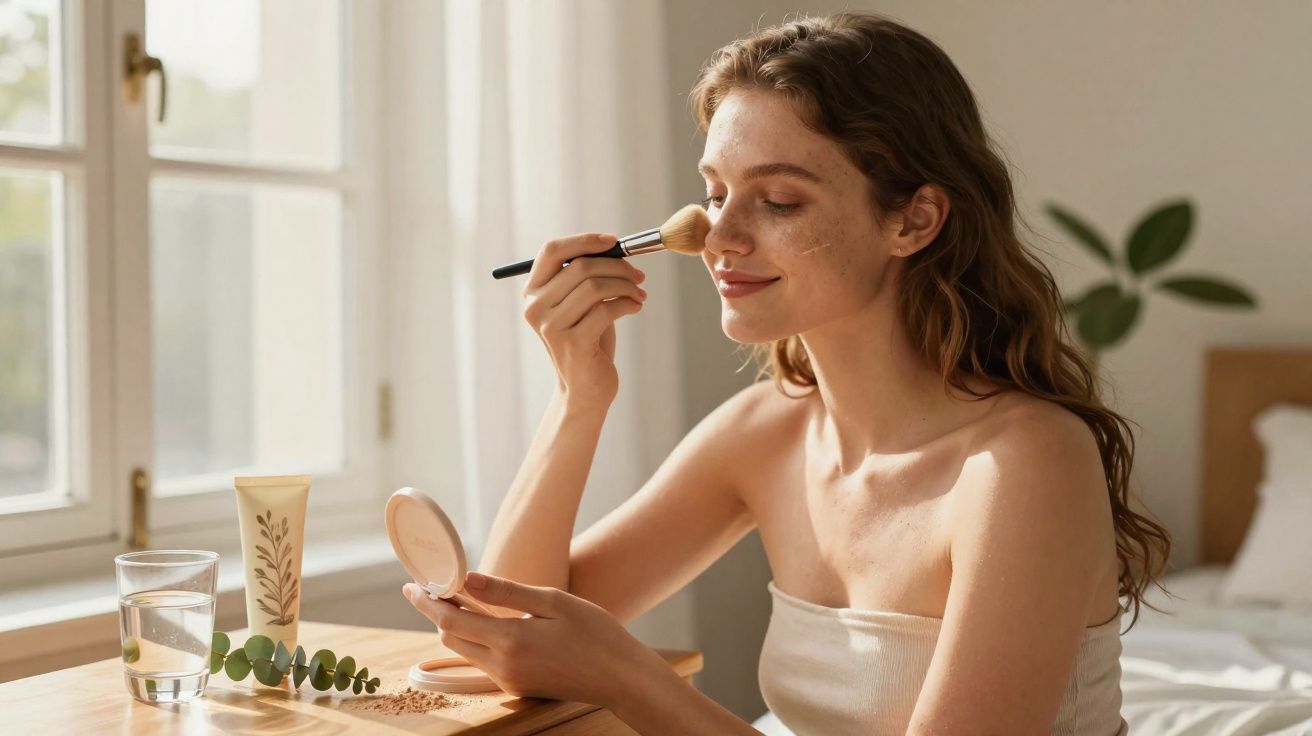 Mulher aplicando maquiagem com pincel em rosto, sentada em quarto iluminado pela janela durante o dia.