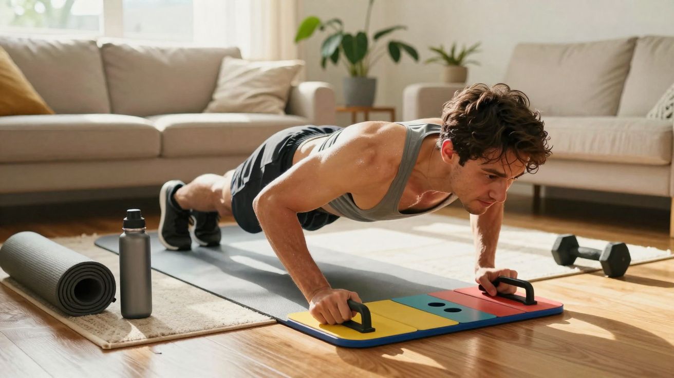 Homem fazendo flexão com apoios em tapete colorido na sala de estar iluminada.