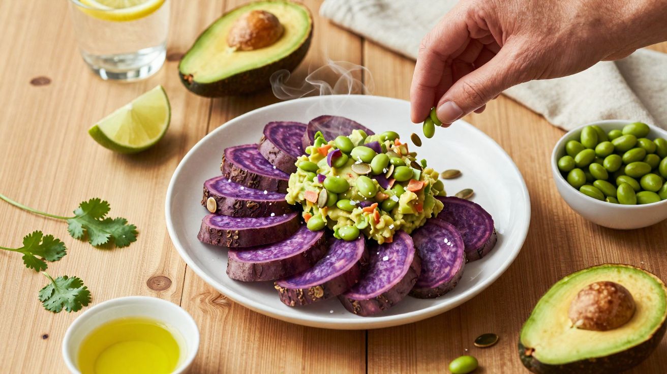 Mão adiciona sementes a prato com batata roxa e guacamole, com abacate e limão ao redor sobre mesa de madeira.