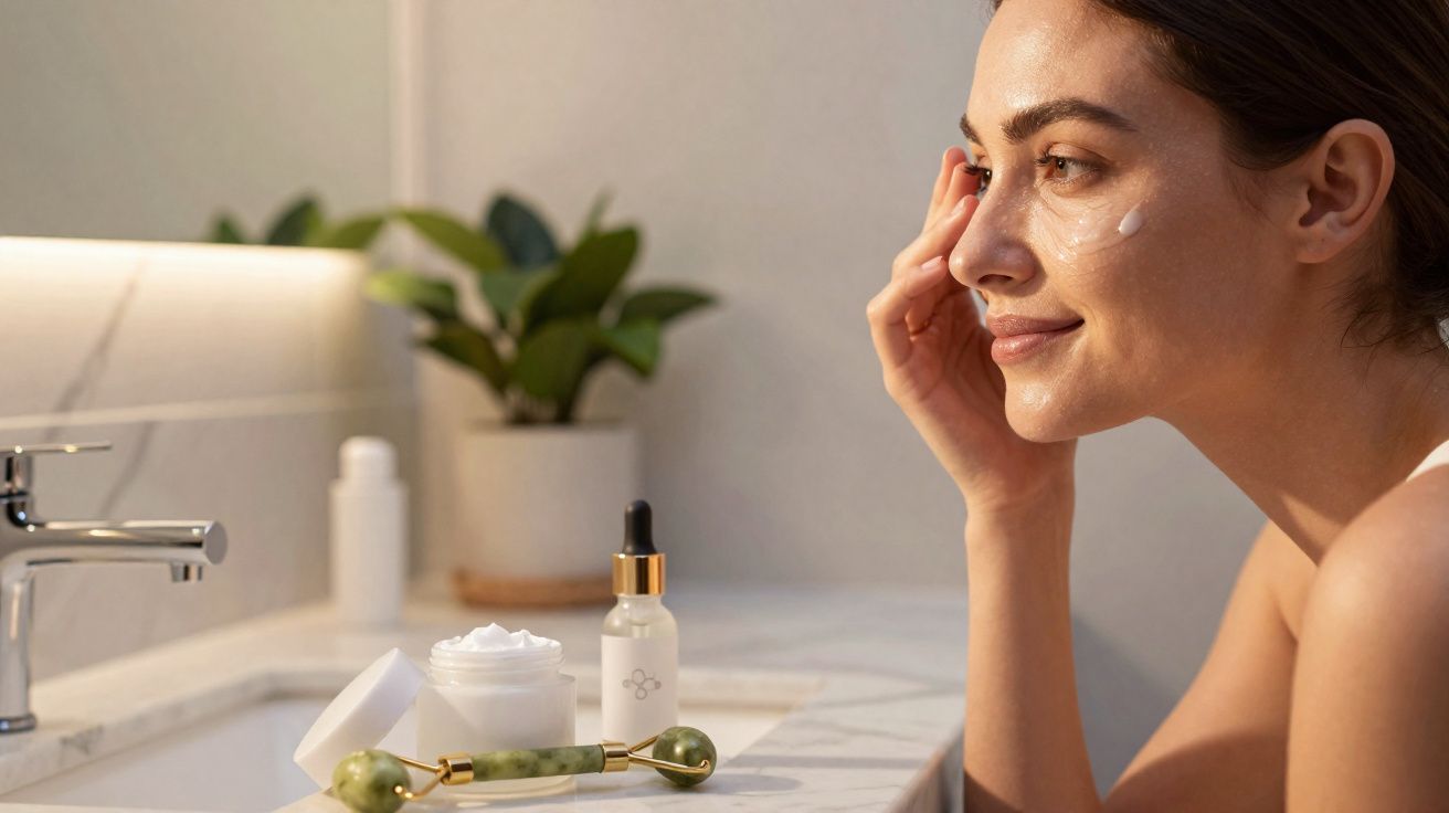 Mulher aplicando creme facial ao lado de produtos de skincare em bancada de banheiro iluminada.