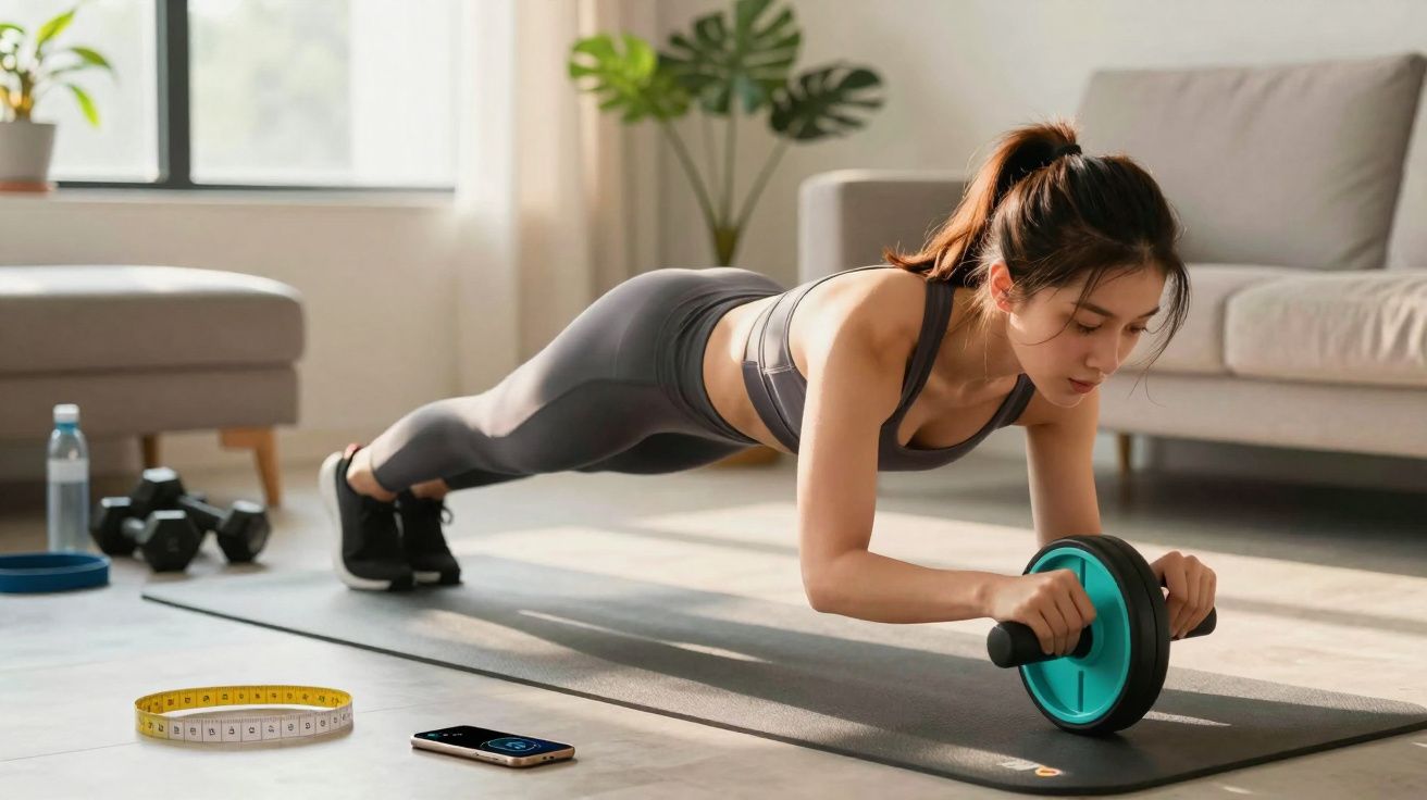 Mulher fazendo prancha com roda de exercícios em tapete, em sala de estar iluminada, próximo a halteres e fitas métricas.