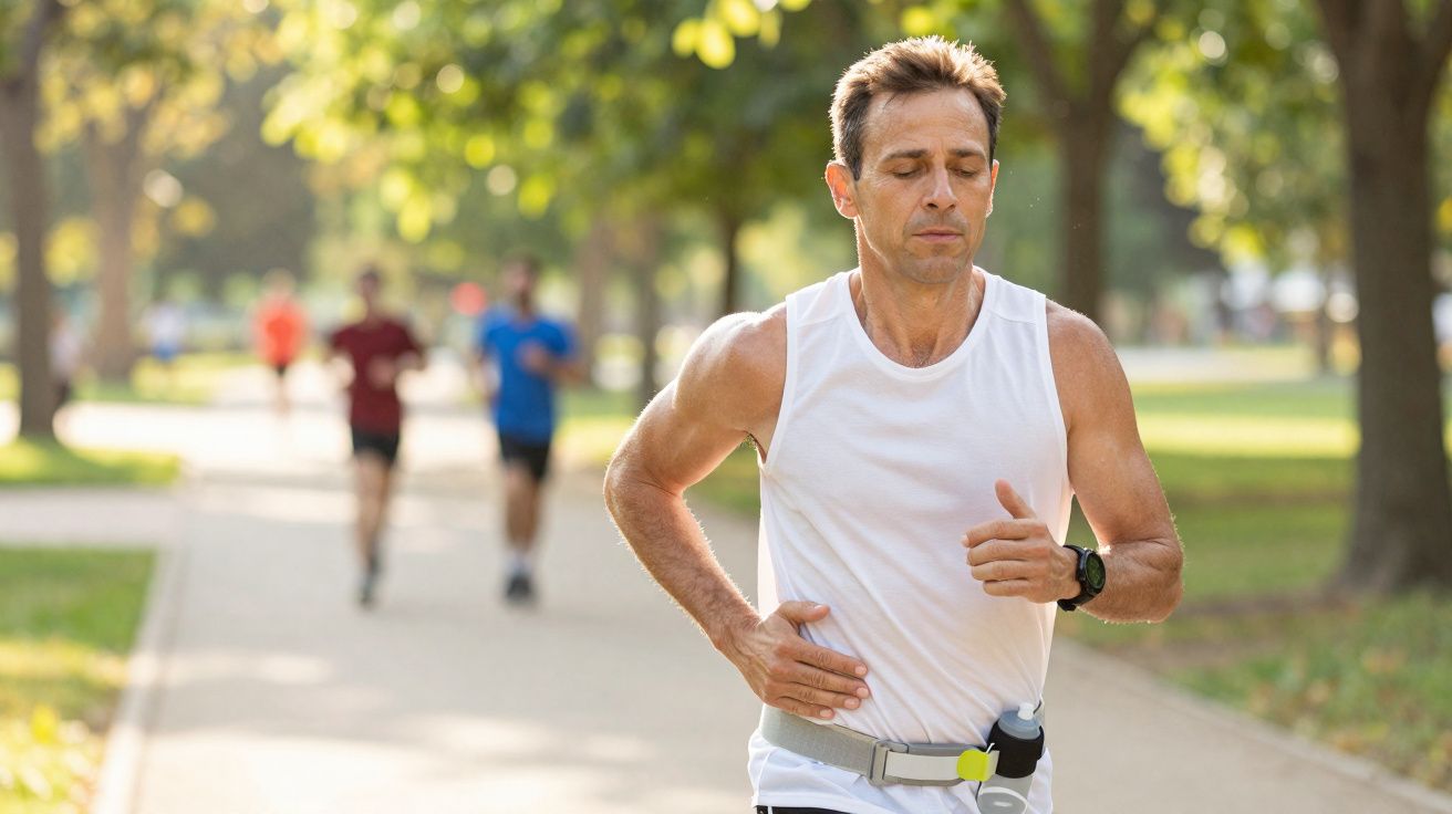 Homem adulto correndo em parque com outras pessoas ao fundo em dia ensolarado.