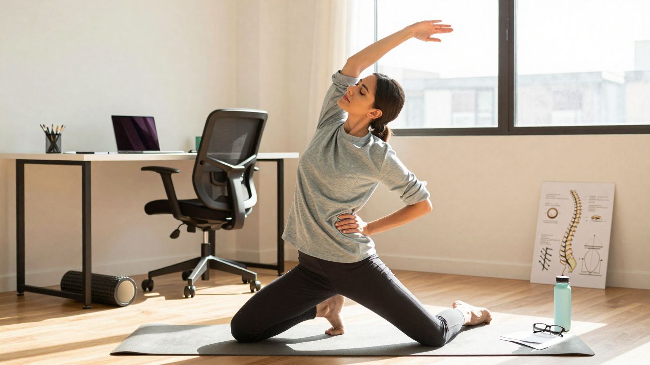 Mulher fazendo alongamento em tapete de yoga em escritório com luz natural pela janela.