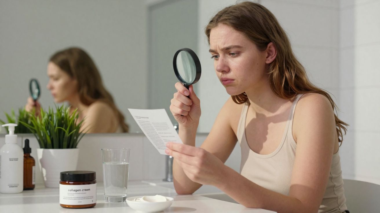 Mulher olhando atentamente para um papel com lupa em banheiro com produtos de beleza na bancada.