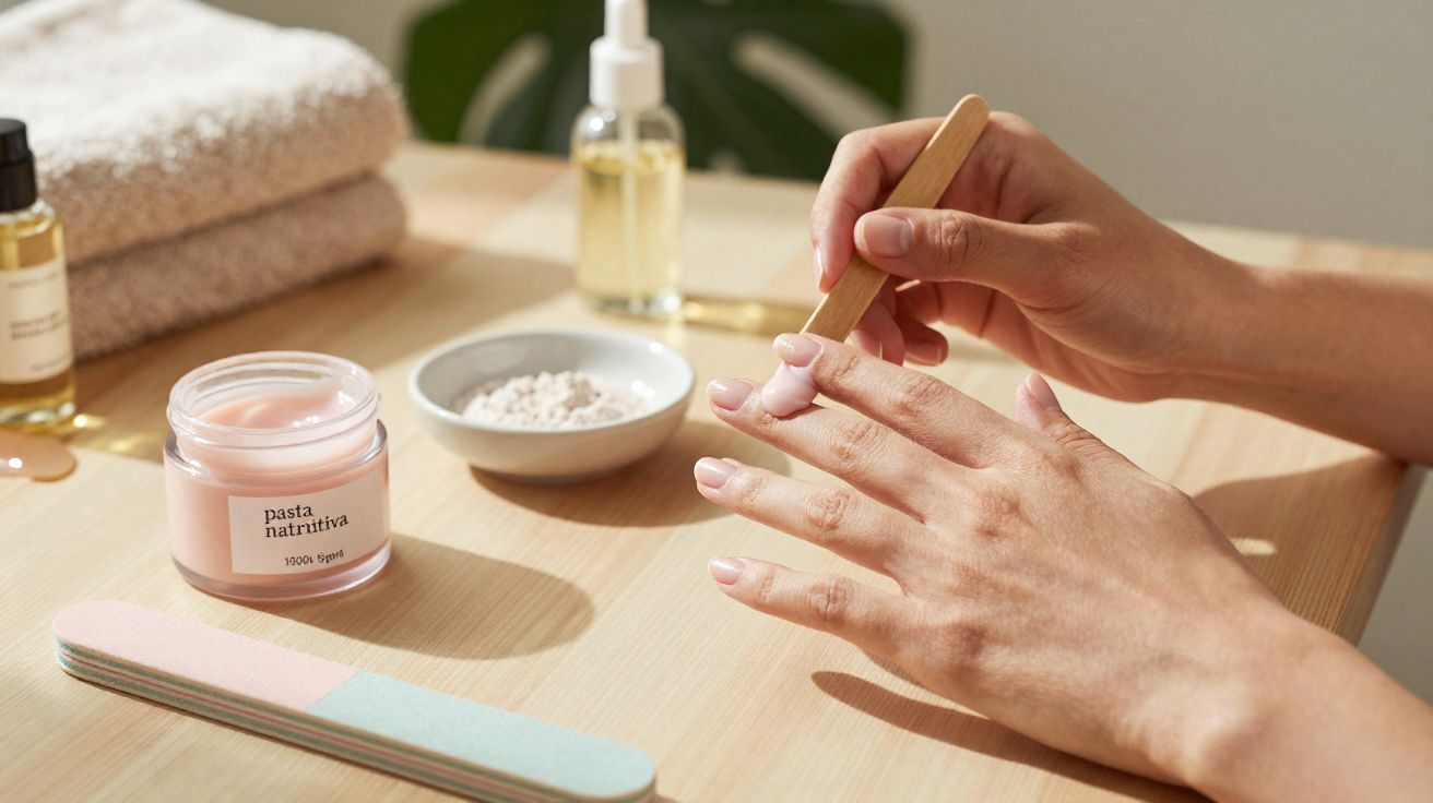 Mãos femininas aplicando creme rosa nas unhas com espátula em mesa de cuidados com esmalte e produtos.