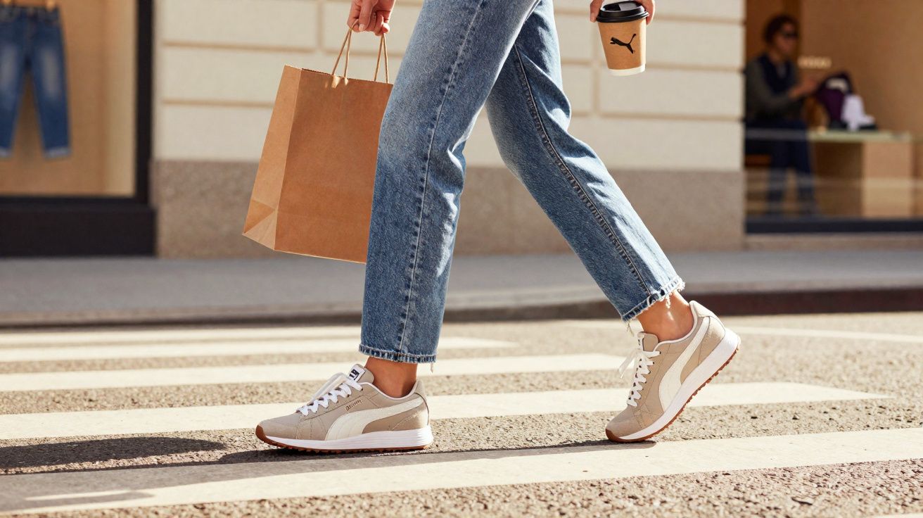 Pessoa andando na faixa de pedestres com tênis branco e bege, carregando sacola de papel e copo de café.