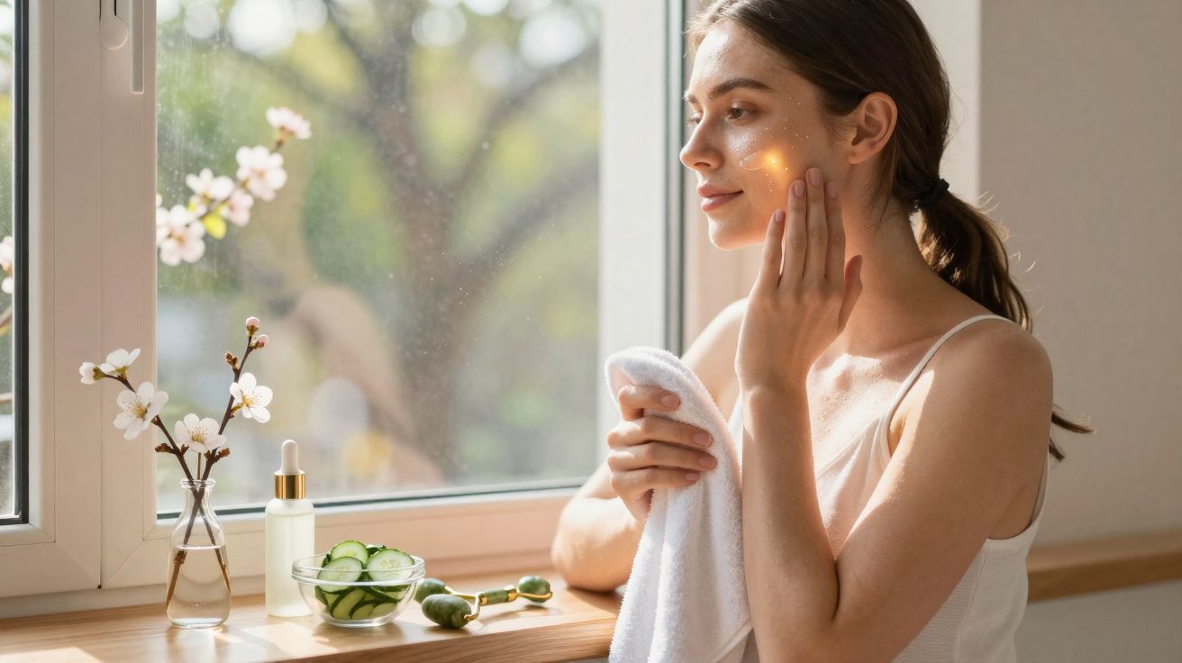 Mulher aplicando creme facial sentada perto da janela com produtos naturais ao lado.
