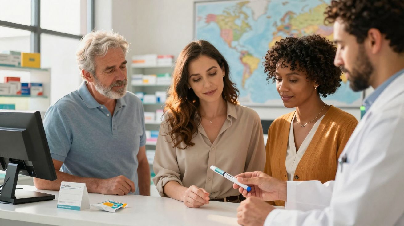 Quatro pessoas em consulta na farmácia, com farmacêutico explicando sobre medicamento para casal.