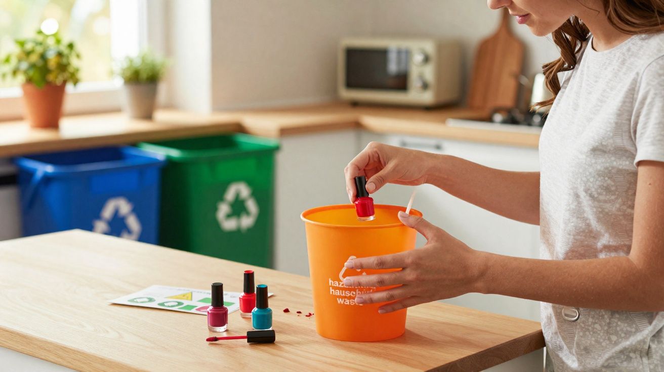 Mulher descartando esmalte vermelho em pote laranja para resíduos tóxicos na cozinha.