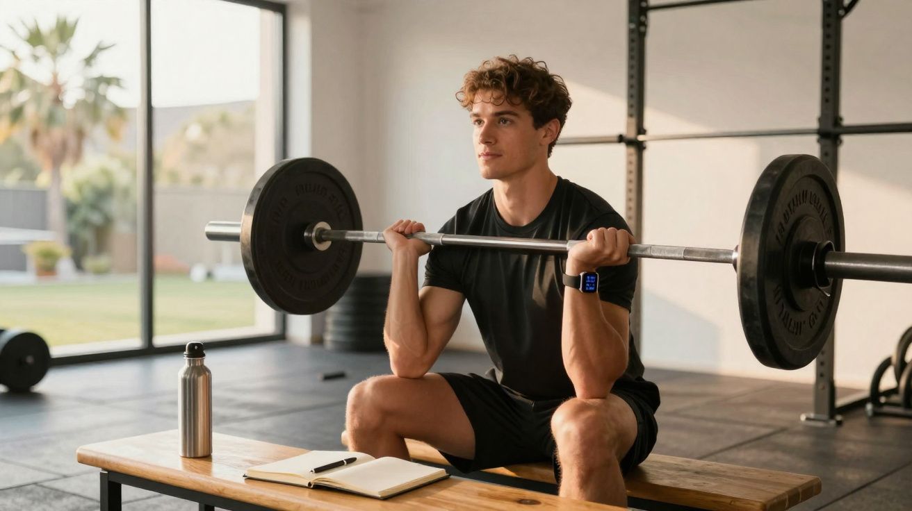 Homem sentado em banco de academia segurando barra de peso em treino de força.