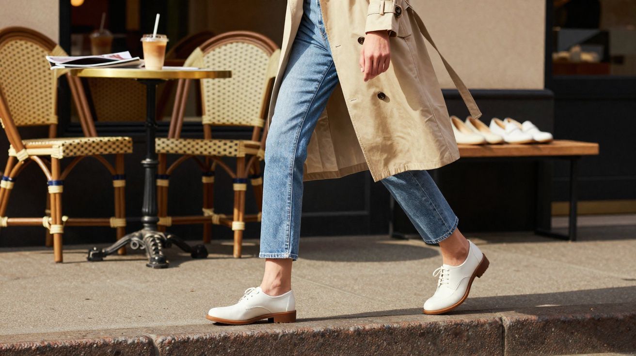 Pessoa caminhando com jeans, trench coat bege e sapatos brancos em calçada próxima a café.