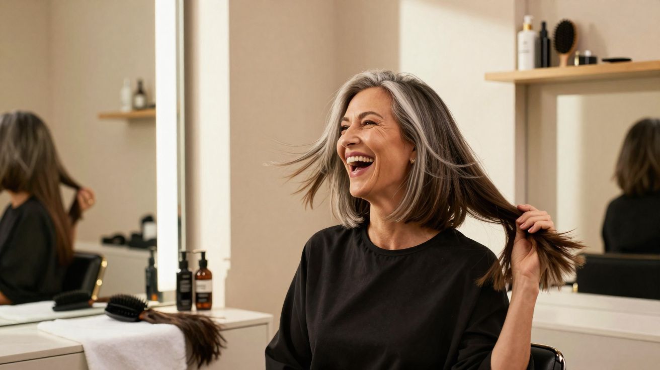 Mulher sorridente segurando cabelo no salão de beleza com espelho e produtos ao fundo.