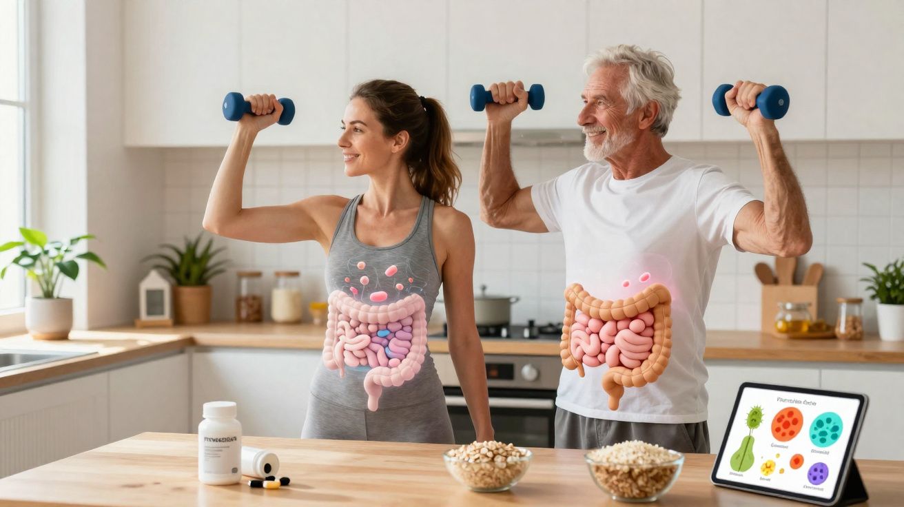 Mulher e homem idosos fazendo exercícios com halteres e imagens do sistema digestivo destacadas no corpo.