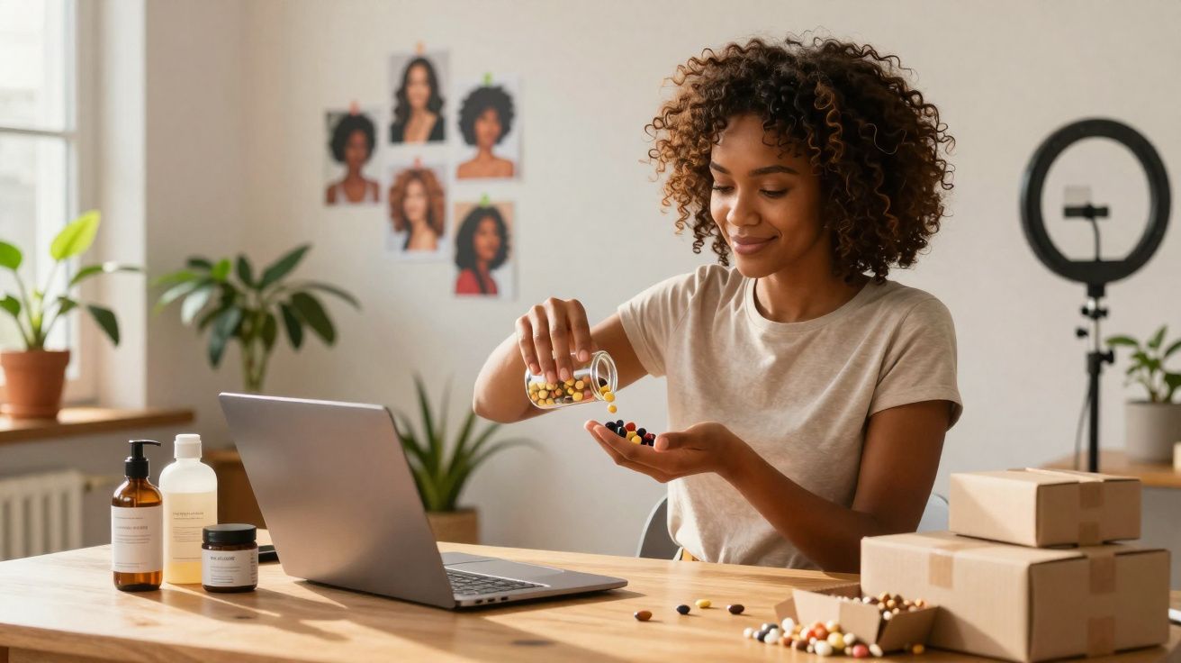 Mulher sentada em mesa com laptop e produtos, separando cápsulas coloridas na mão em ambiente iluminado.