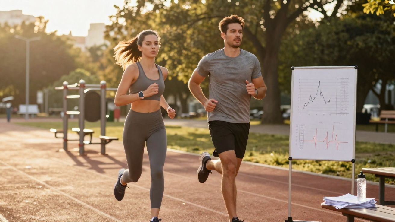 Casal correndo em pista ao ar livre com gráficos de desempenho em quadro ao lado, parque ao fundo.