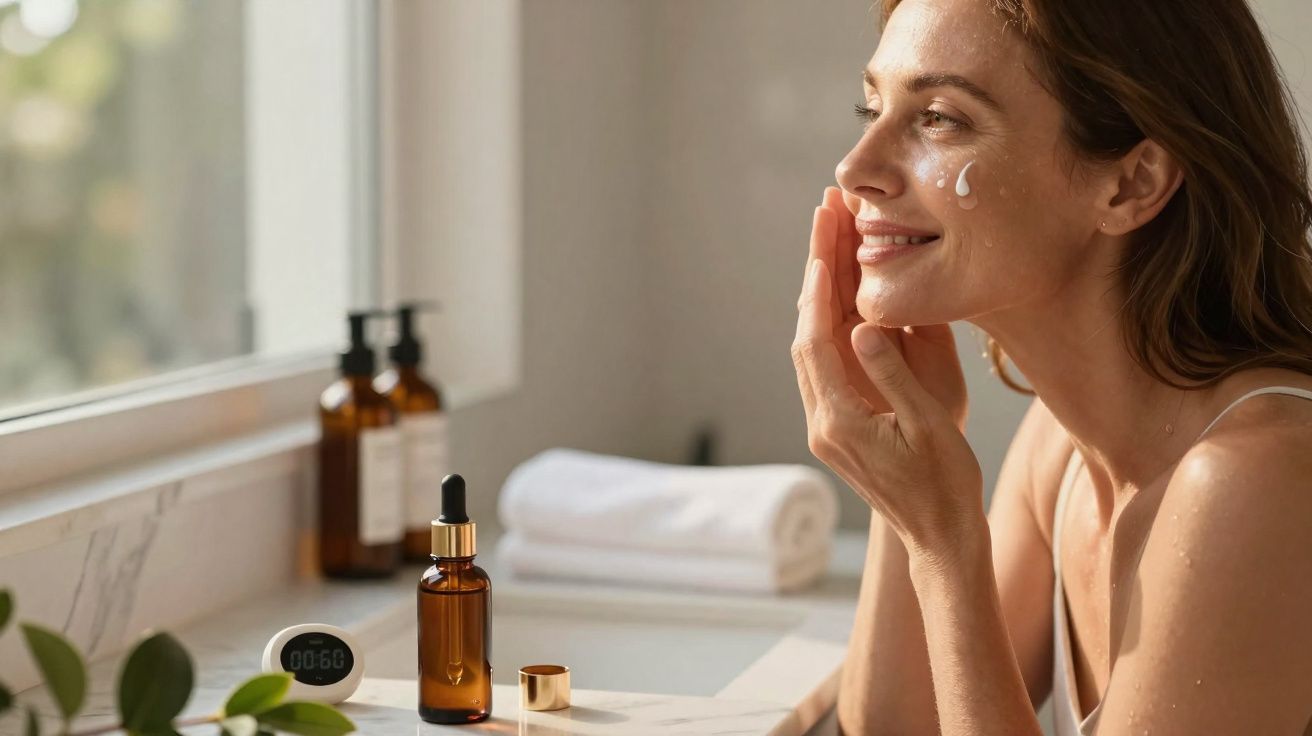 Mulher aplicando creme facial ao lado de frascos de produtos de skincare em banheiro iluminado.