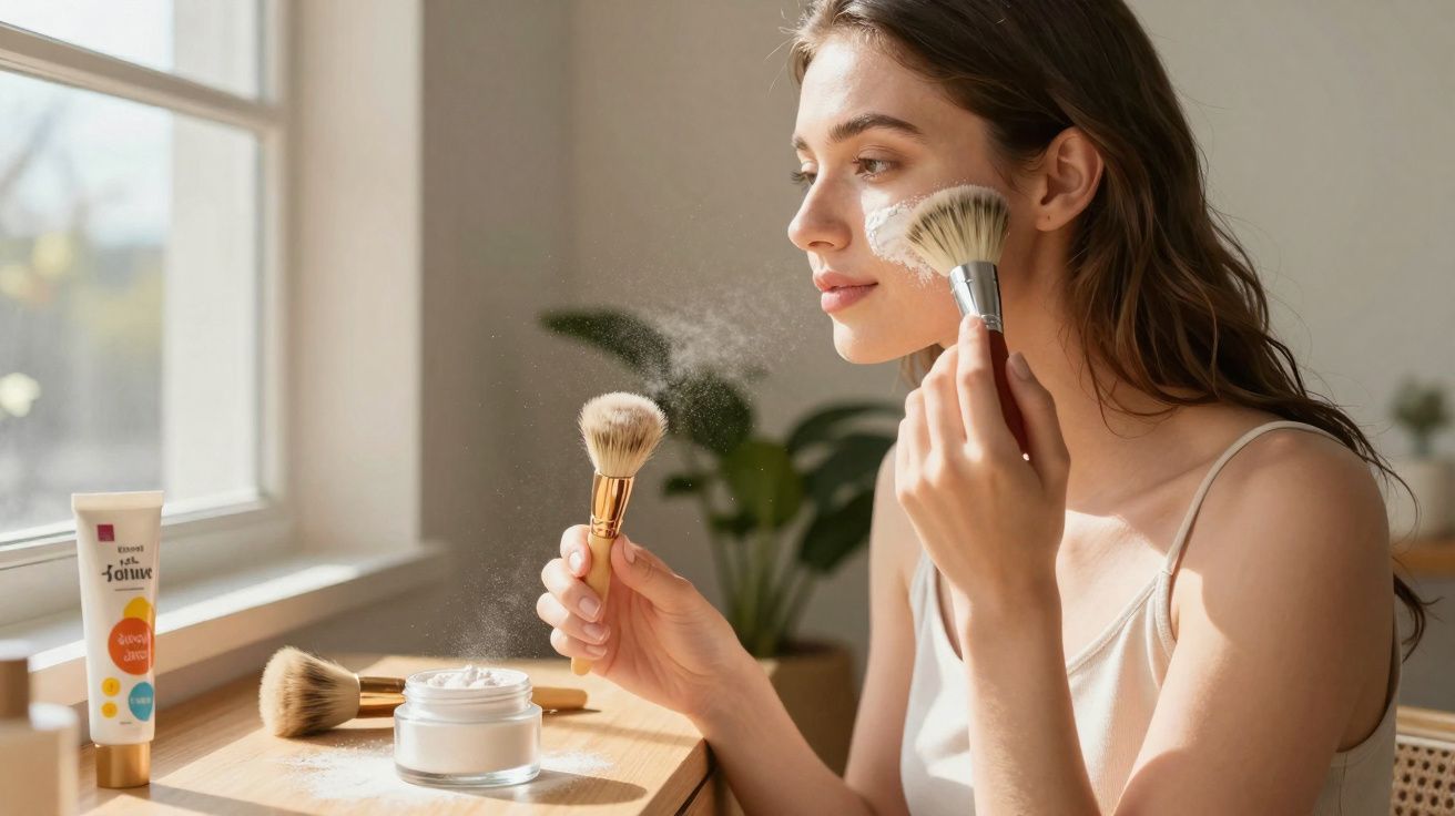 Mulher aplicando pó facial com pincel em ambiente iluminado por janela durante manhã.