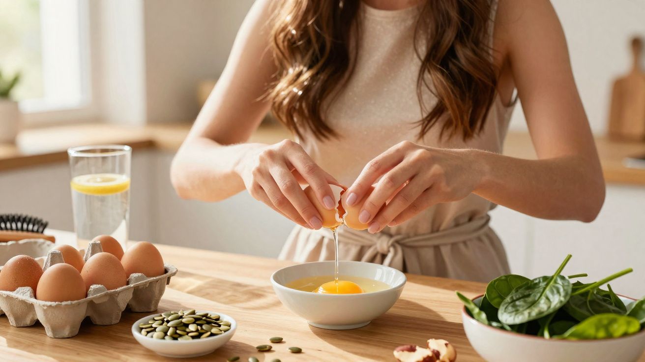Mulher quebrando ovo em tigela na cozinha, com ovos, sementes e folhas verdes sobre a mesa.